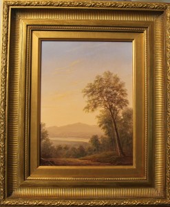 Forest interior with Catskills and hudson river Framed